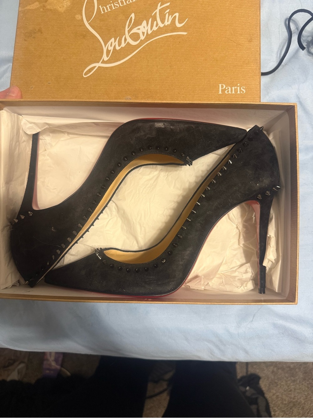 Christian Louboutin Black Suede Spike-Trim Pointed Pumps with Red Sole